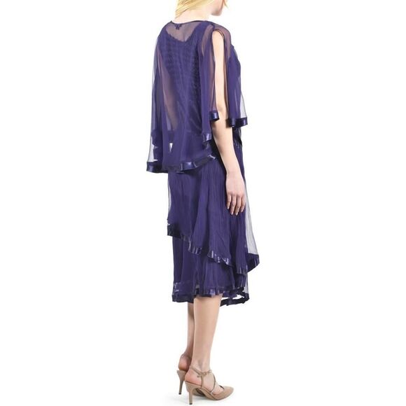 Komarov Chiffon Capelet Charmeuse Midi Dress Women's Small Purple 3/4 Sleeve - Picture 2 of 11